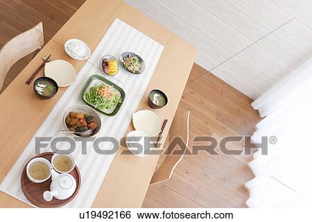Stock Photograph - High Angle View of Japanese Breakfast Table. Fotosearch