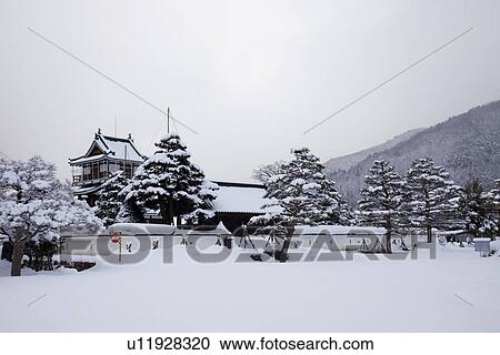 Stock Image - Kamioka castle in winter. Fotosearch