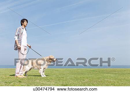 Picture - Man With Dog on Grass. Fotosearch