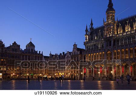 Stock Photograph - Nightscape of King's Place (Maison du Roi ) on The Grand Place (Grand-Place). Fotosearch