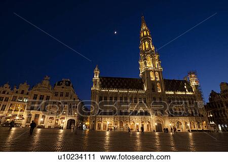 Stock Image - Nightscape of Town Hall on The Grand Place (Grand-Place). Fotosearch