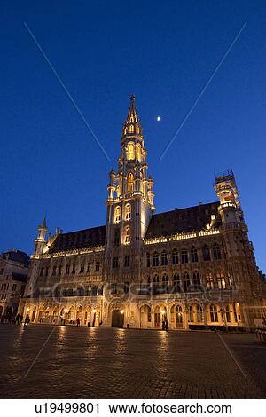 Stock Image - Nightscape of Town Hall on The Grand Place (Grand-Place). Fotosearch