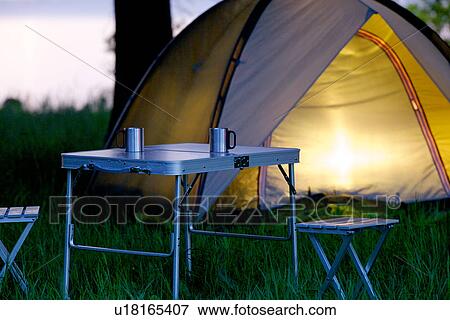 Tent and Two Mugs On Campsite, Early Morning View Large Photo Image Stock Photo - Tent and Two Mugs On Campsite, Early Morning. Fotosearch