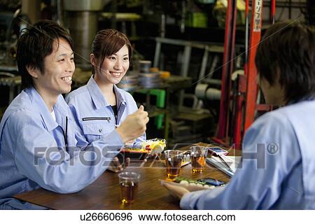 Three Factory Workers Having Lunch Break View Large Photo Image Stock Photograph - Three Factory Workers Having Lunch Break. Fotosearch
