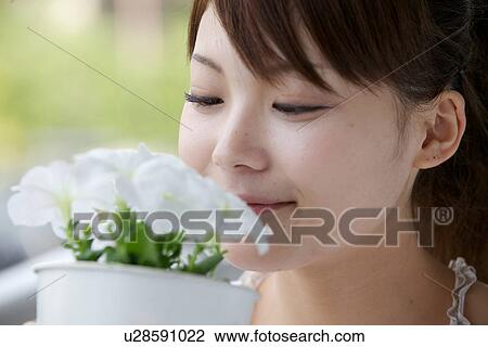 Stock Image - Young Woman Holding Potted White Flowers, Smiling. Fotosearch