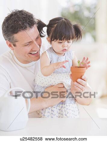 Baby girl (12-17 months) with father watching seedling in pot View Large Photo Image Stock Photo - Baby girl (12-17 months) with father watching seedling in pot. Fotosearch