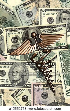 Stock Image - Caduceus and us dollar bills. Fotosearch