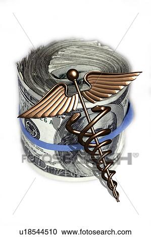 Stock Image - Caduceus and wad of us dollar bills. Fotosearch