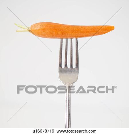 Stock Photo - Carrot on fork, studio shot. Fotosearch