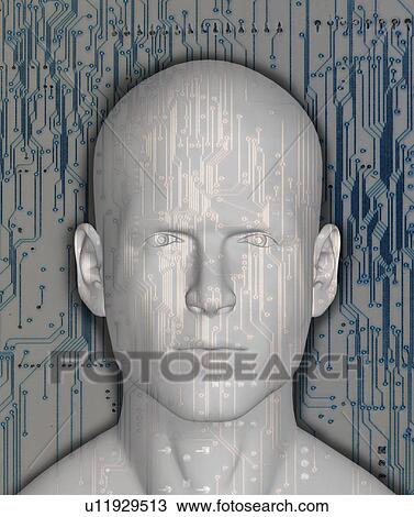 Stock Image - Conceptual image of human head with microchip print. Fotosearch