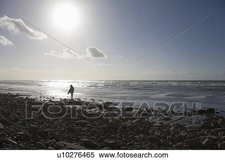 Stock Photography - France, Pas-de-Calais, Escalles, Lonely walker on beach. Fotosearch