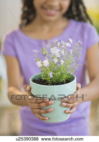 Girl (10-11) holding potted flower View Large Photo Image Stock Photo - Girl (10-11) holding potted flower. Fotosearch