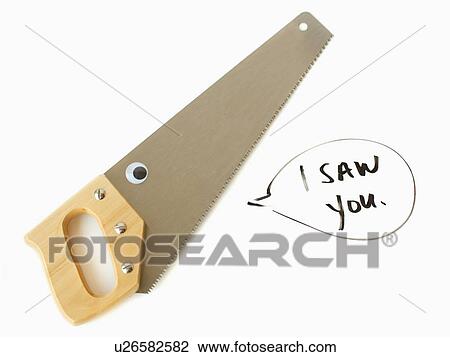 Stock Image - Hand saw with text in speech bubble, studio shot. Fotosearch