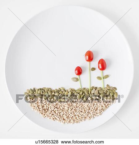 Stock Photo - Landscape on plate made out of food, studio shot. Fotosearch