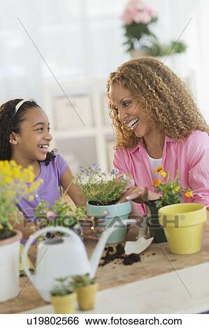 Mother with daughter (12-13) potting flowers View Large Photo Image Stock Photograph - Mother with daughter (12-13) potting flowers. Fotosearch