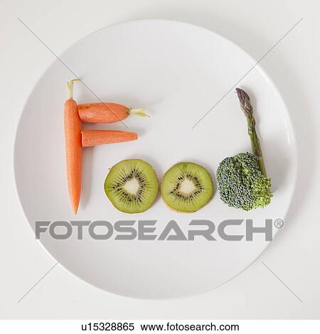 Plate with word 'food' made out of fruits and vegetables, studio shot View Large Photo Image Stock Photography - Plate with word 'food' made out of fruits and vegetables, studio shot. Fotosearch