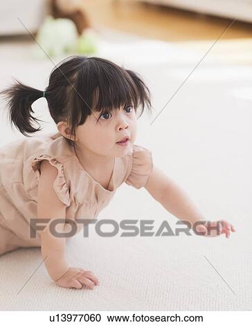 Portrait of baby girl (12-17 months) crawling on carpet View Large Photo Image Stock Image - Portrait of baby girl (12-17 months) crawling on carpet. Fotosearch