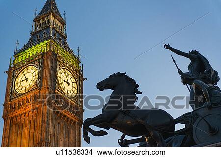 Picture - UK, England, London, Big Ben and Boadicea Statue at dusk. Fotosearch