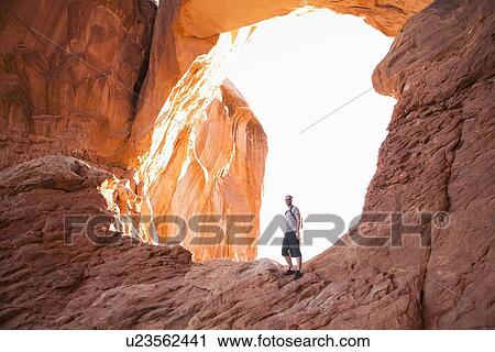 USA, Utah, Moab, Mid adult man posing in front of natural arches View Large Photo Image Stock Image - USA, Utah, Moab, Mid adult man posing in front of natural arches. Fotosearch