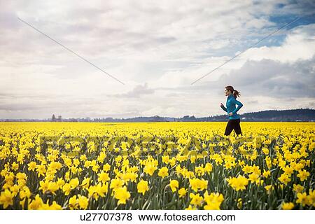 Stock Photo - USA, Washington, Skagit Valley, Woman running through daffodil field. Fotosearch