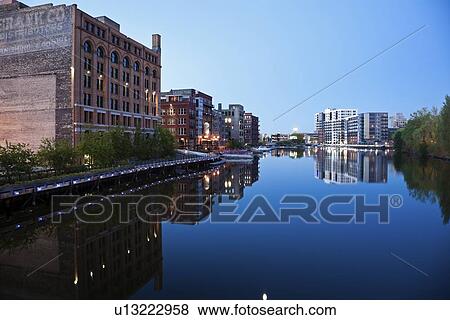 USA, Wisconsin, Milwaukee, City view at dusk View Large Photo Image Stock Photo - USA, Wisconsin, Milwaukee, City view at dusk. Fotosearch