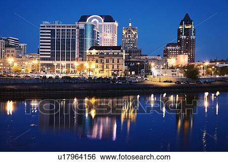 Stock Photograph - USA, Wisconsin, Milwaukee, City view at night. Fotosearch