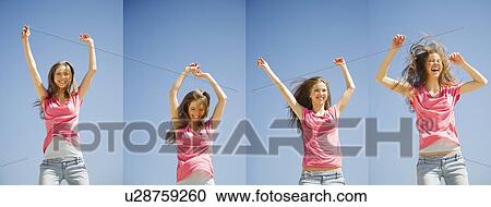 Woman jumping outdoors, montage View Large Photo Image Stock Image - Woman jumping outdoors, montage. Fotosearch