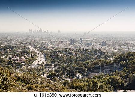 Stock Image - Aerial view of City of Los Angeles, USA. Hollywood Bowl in front and Downtown in background. Fotosearch
