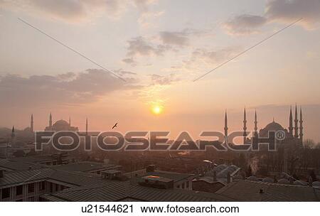 Aya Sofya and Blue Mosque at dawn with Bosphorus in background, Istanbul, Turkey View Large Photo Image Stock Image - Aya Sofya and Blue Mosque at dawn with Bosphorus in background, Istanbul, Turkey. Fotosearch