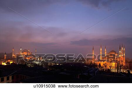 Aya Sofya and Blue Mosque at dawn with Bosphorus in background, Istanbul, Turkey View Large Photo Image Stock Photo - Aya Sofya and Blue Mosque at dawn with Bosphorus in background, Istanbul, Turkey. Fotosearch