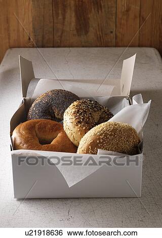 Stock Photograph - Box of various bagels. Fotosearch