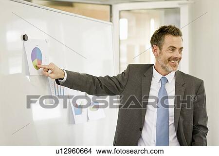 Picture - Businessman tacking up posters in office. Fotosearch