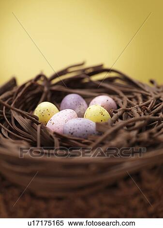Close up of chocolate eggs in nest View Large Photo Image Stock Photography - Close up of chocolate eggs in nest. Fotosearch