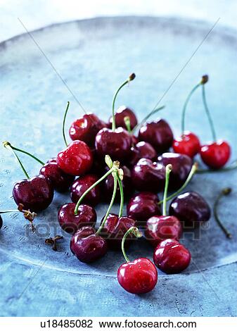 Stock Image - Close up of plate of cherries. Fotosearch
