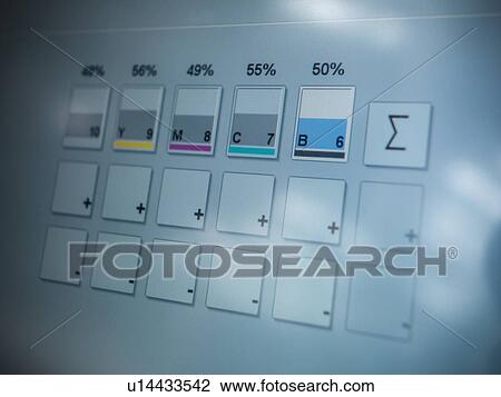 Stock Image - Close up of printing press ink levels. Fotosearch