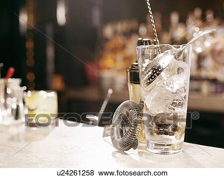 Cocktail making tools on bar View Large Photo Image Stock Photo - Cocktail making tools on bar. Fotosearch