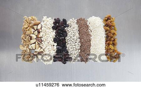 Hand made granola/muesli, with raisins, currants, oats, flax seeds, linseeds, brazil nuts, sunflower seeds View Large Photo Image Stock Photograph - Hand made granola/muesli, with raisins, currants, oats, flax seeds, linseeds, brazil nuts, sunflower seeds. Fotosearch