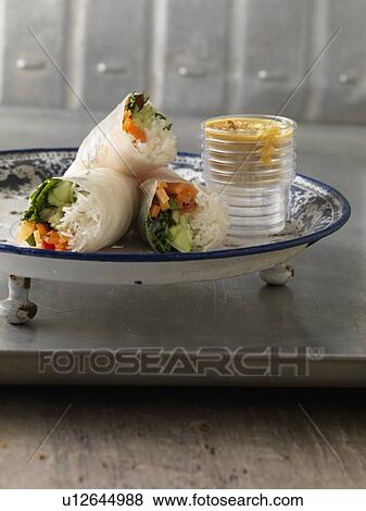 Stock Photo - Plate of spring rolls and dipping sauce. Fotosearch