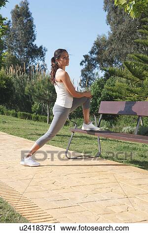 Runner stretching on park bench View Large Photo Image Stock Image - Runner stretching on park bench. Fotosearch