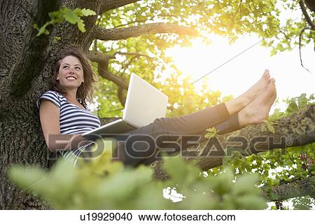 Smiling woman using laptop in tree View Large Photo Image Stock Image - Smiling woman using laptop in tree. Fotosearch