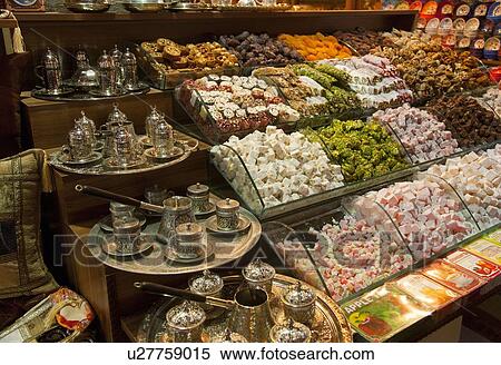 Stock Photography - Traditional turkish Sweets and tea sets at the grand bazaar, Istanbul, Turkey. Fotosearch