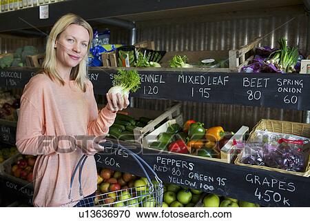 Stock Image - Woman buying produce in store. Fotosearch