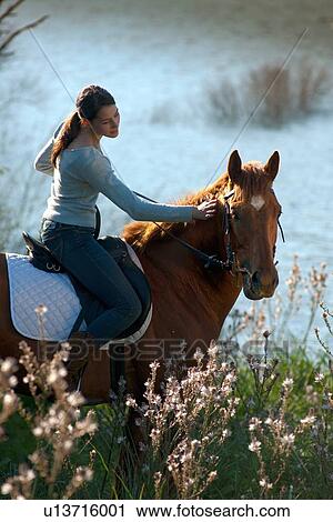 Woman riding horse in rural field View Large Photo Image Stock Image - Woman riding horse in rural field. Fotosearch