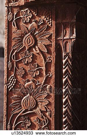 Stock Image - Architectural detail of a column in a palace, Fatehpur Sikri, Agra, Uttar Pradesh, India. Fotosearch