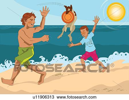 Stock Image - Boy with his father and a dog playing on the beach. Fotosearch