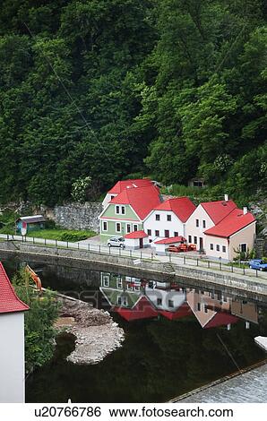 Stock Photograph - Buildings at the waterfront, Cesky Krumlov, South Bohemian Region, Czech Republic. Fotosearch
