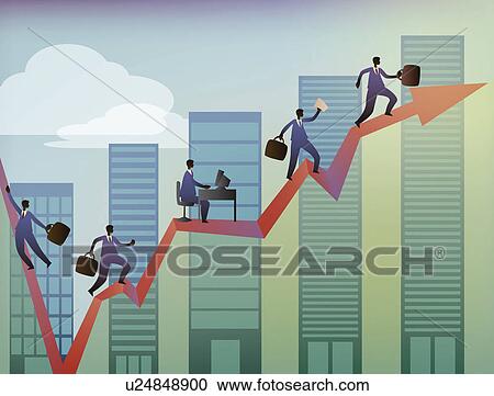 Stock Image - Business executives moving up on a line graph. Fotosearch