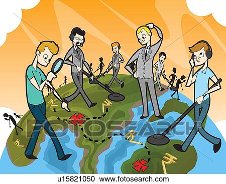 Stock Image - Business people searching for mining on a globe. Fotosearch