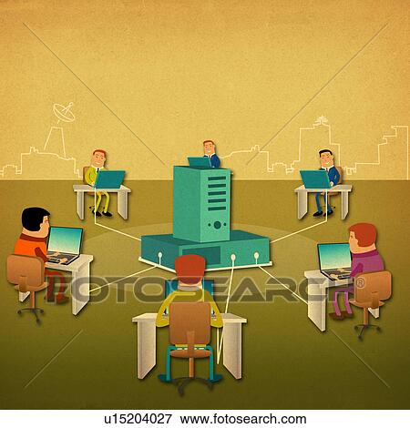 Business people using laptops connected to a centralized server View Large Photo Image Stock Photo - Business people using laptops connected to a centralized server. Fotosearch