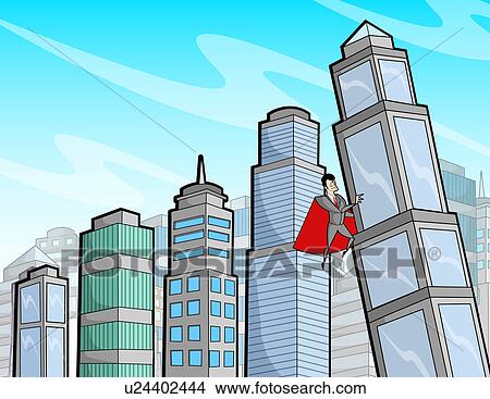 Business super hero supporting a falling building View Large Photo Image Picture - Business super hero supporting a falling building. Fotosearch